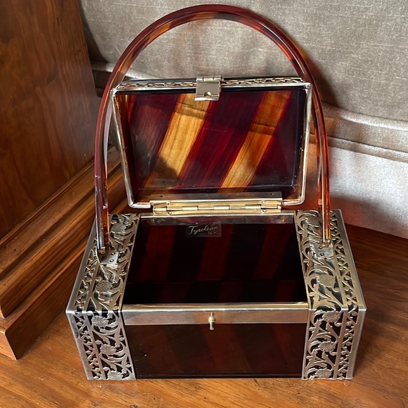 1950s Tyrolean Tortoise Striped Lucite Decorative Metal Encased Box Style Purse - Picture 3 of 13